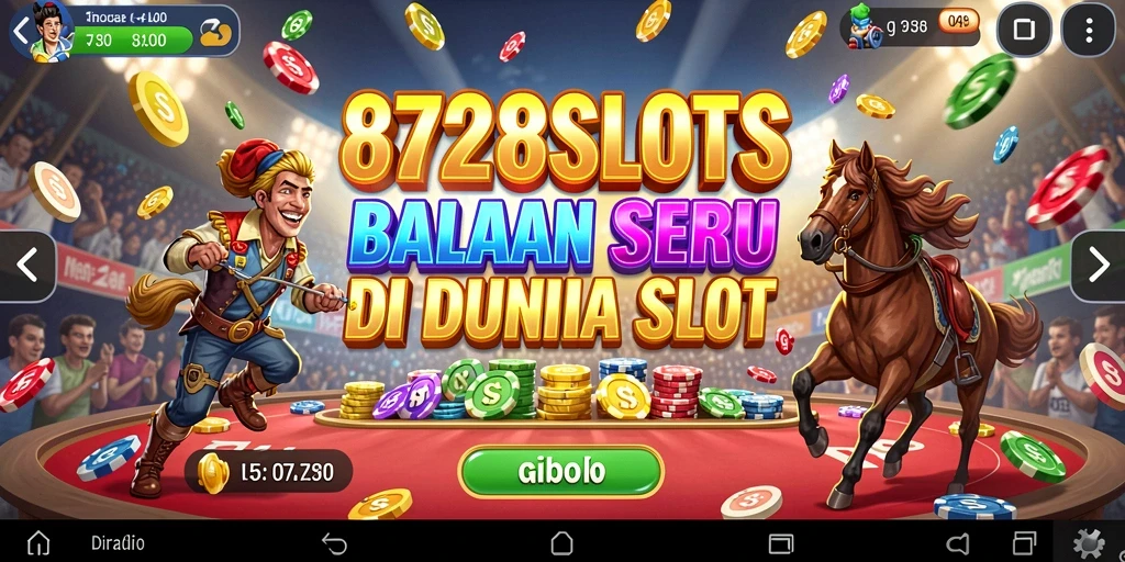 Tampilan gameplay seru 8728SLOTS dengan mobil balap di lintasan.