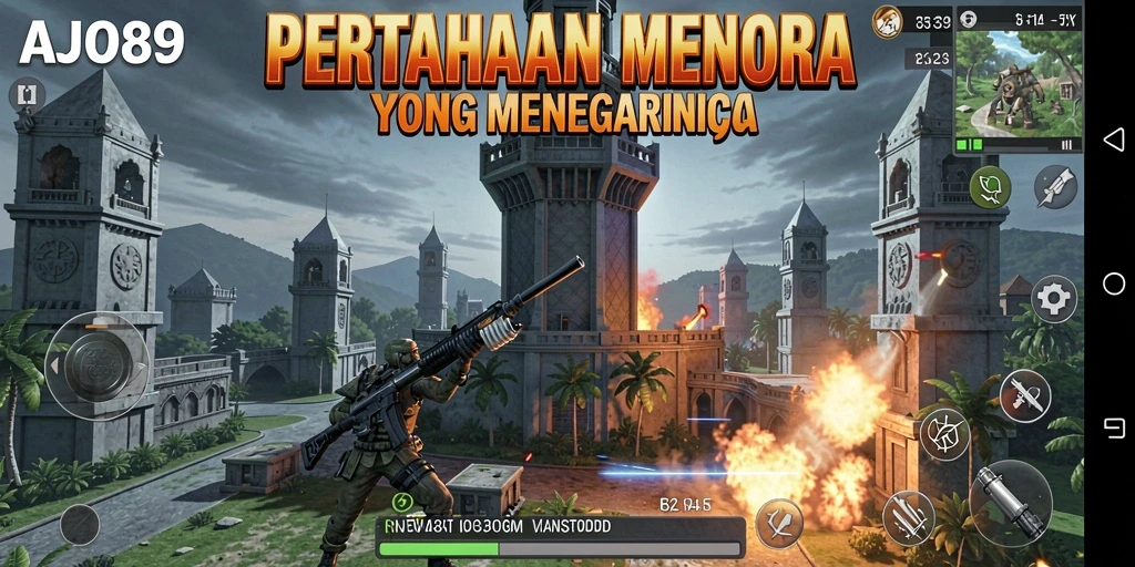 Screenshot AJO89 menampilkan aksi menara bertahan melawan gelombang musuh.