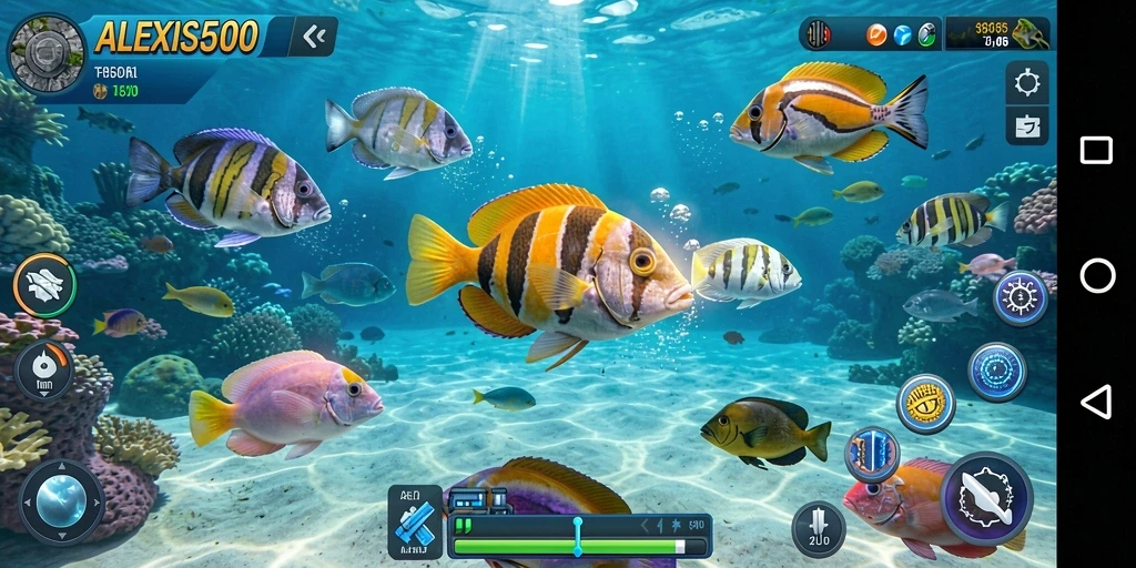Screenshot utama ALEXIS500 menampilkan aksi seru menembak ikan.