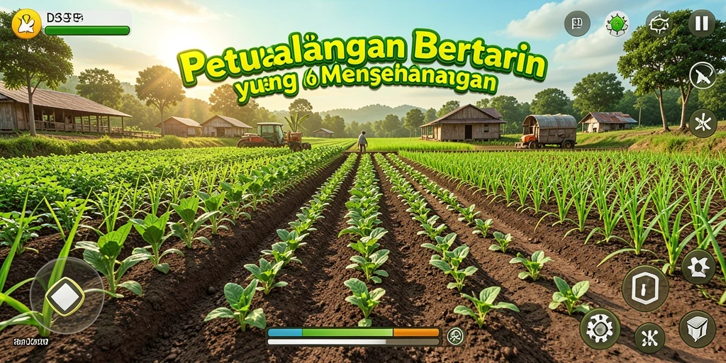 Screenshot gameplay DS99 menampilkan pertanian yang subur dan interaksi sosial.