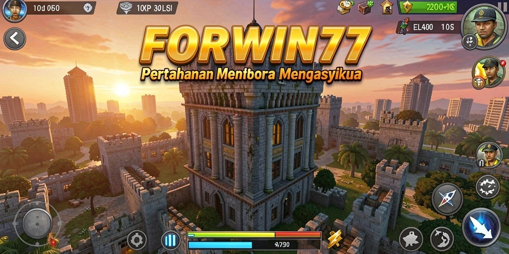 Screenshot gameplay FORWIN77 menampilkan menara pertahanan yang strategis dan musuh yang menyerang.