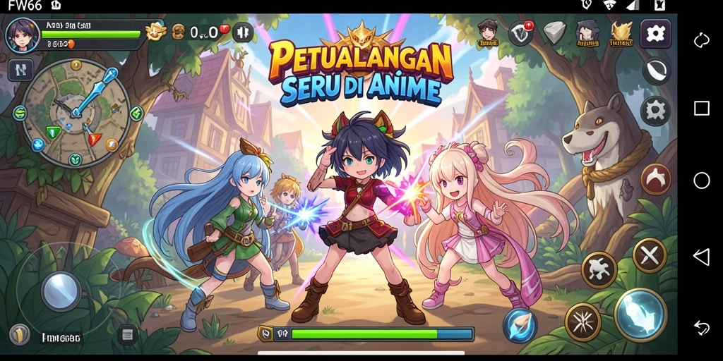 Screenshot menunjukkan aksi mendebarkan dalam gameplay FW66 dengan karakter anime.