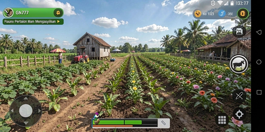 Tampilan gameplay GN777 menampilkan ladang yang subur dan berwarna-warni.
