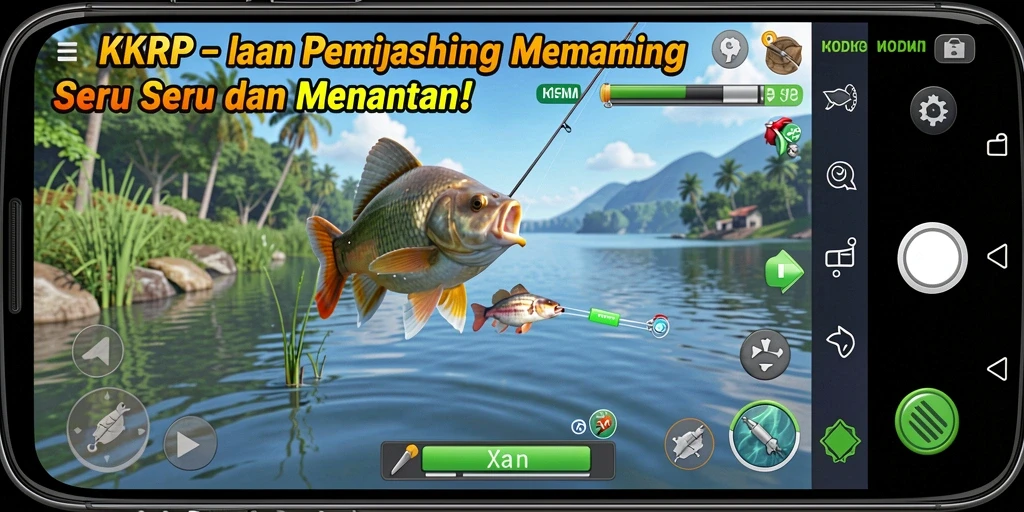 Tampilan gameplay KKRP dengan suasana memancing yang menenangkan.
