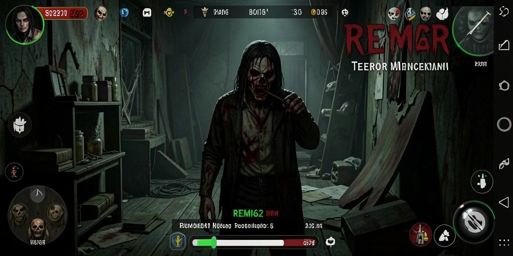 Tangkapan layar gameplay REMI62 menampilkan aksi penuh ketegangan dan kengerian.