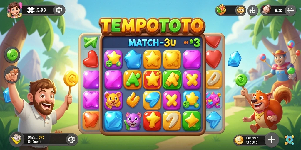 Tangkapan layar utama TEMPOTOTO menampilkan gameplay Match-3 yang menarik.