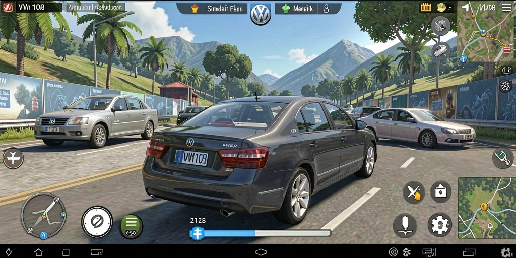 Screenshot VW108 menampilkan karakter berinteraksi dalam dunia simulasi yang kaya.