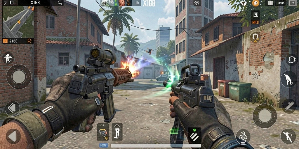 Screenshot utama X168 menampilkan aksi intens dalam permainan FPS.